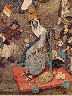 Lent personified at a Carnival celebration. Detail of 1559 painting "The Battle between Carnival and Lent" by Pieter Bruegel the Elder.